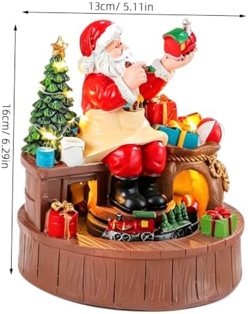Resin Santa Claus Music Box and LED Warm Light with Rotating Train Figurine Battery Operated Christmas Musical Box Ornament for Indoor Celebrations and Window Displays