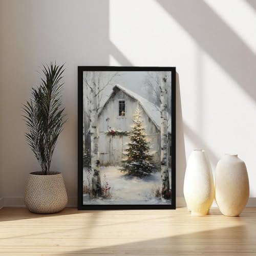 Rustic Christmas Barn Poster Winter Farmhouse Snow Landscape Wall Art