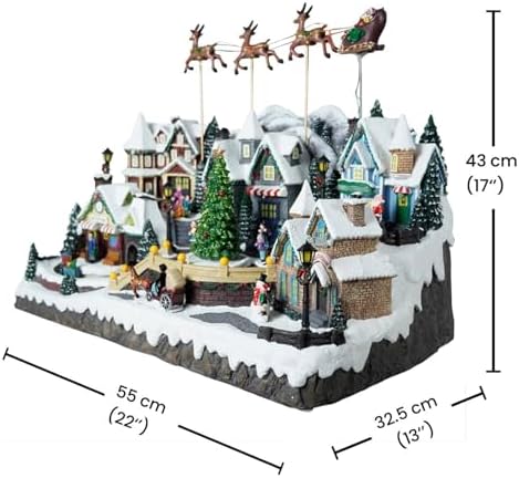 Colourful Led Lights Christmas Music, Christmas Village House, with Flying Reindeer, Rotating Christmas Tree, Moving Train, 55x32.5x43 cm