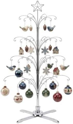 HOHIYA 74" Rotating Ornament Display Tree 90 Hooks Chrome Silver