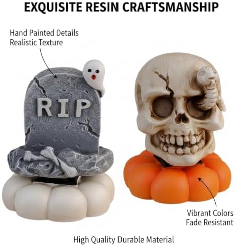 Halloween Rotating Resin Figurine, Spinning Pumpkin Ghost Skeleton Desktop Decoration, Cute Halloween Tabletop Decor for Home Office Party Tiered Tray Display