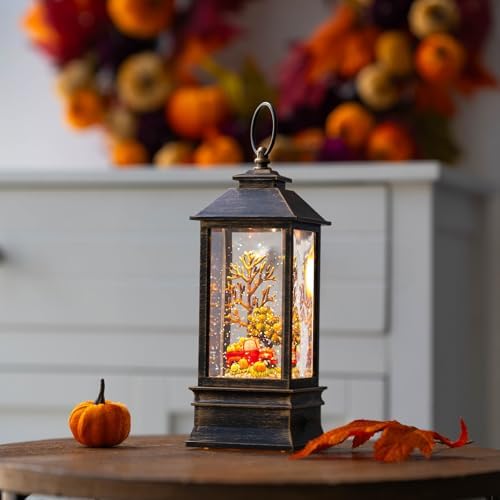 10'' Fall Snow Globe Lantern, Thanksgiving Lighted Lantern, Swirling Glitter Snow Globe for Fall Harvest Day Decorations, Home Fall Decor Gift (Truck&Pumpkins)
