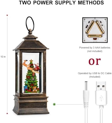 10'' Musical Snow Globe Lantern Lighted Christmas Tree and Flying Santa Water Lantern Swirling Glittering Home Decoration and Gift, Battery Operated or USB Powered