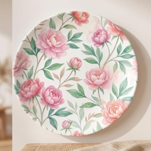 Peony Decorative Plates 10 Inch Watercolor Summer Floral Wall Art with Display Stand