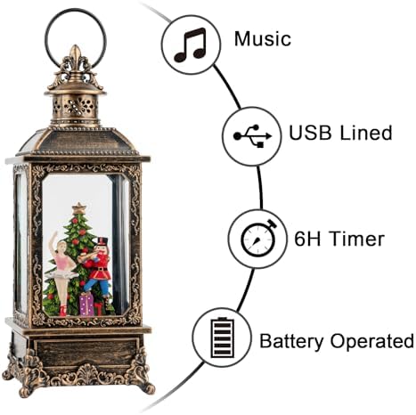 VISFLAIR Christmas Snow Globe Nutcracker Lantern, Musical Lighted Nutcracker & Ballerina Water Lantern Swirling Glittering Home Decoration and Gift, Battery Operated or USB Powered