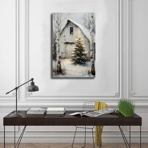 Rustic Christmas Barn Poster Winter Farmhouse Snow Landscape Wall Art