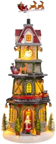 MUMTOP Christmas Village Clock Tower with Animated Reindeer, Light Up Bell Tower and Moving Train with Music for Indoor Holiday Xmas Tabletop Decor