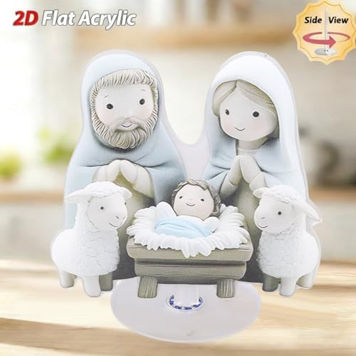 Creative Flat Nativity Sculpture Display with Base for Shelf Mantels Christmas Party Rotating Acrylic Ornament