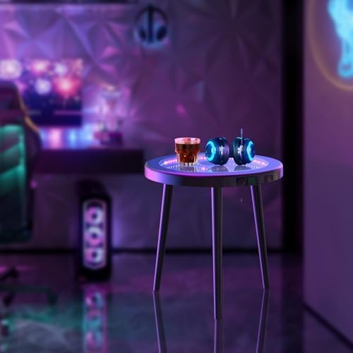 HANYEE Small Circle Coffee Table, Infinity Mirror Table, Small Round Side Table, for Home Living Room, Office,Tempered Glass Surface with RGB LED Lighting Smart Control, Office and Bedroom-Black