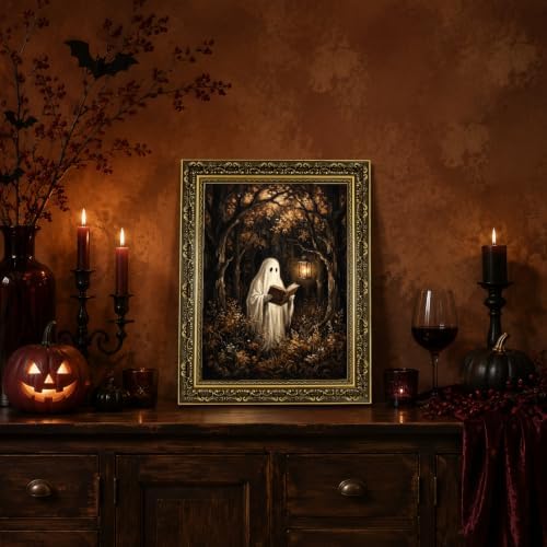 Gold Vintage Framed Ghost Reading Book Wall Art, Spooky Halloween Decor