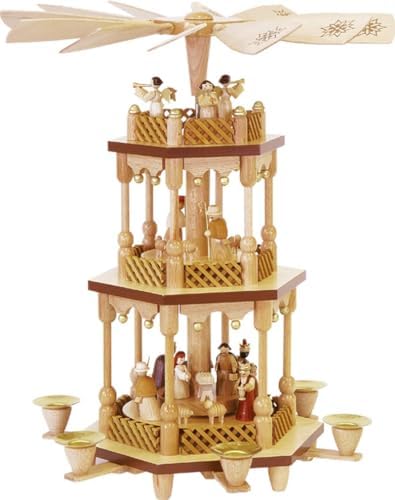 ISDD German christmas pyramid Nativity scene, 2-tier, height 38 cm/15 inch, natural, original Erzgebirge by Richard Glaesser Seiffen