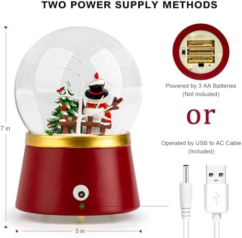 Christmas Glass Snow Globe Glitter Spinning Water Lantern Lighted Musical Snowman with Holiday Tree Scene, 6H Timer Battery & USB Powered Light for Home Decoration