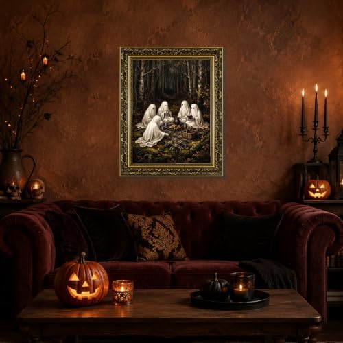 Gold Vintage Framed Ghost Picnic Wall Art, Whimsical Halloween Forest Print