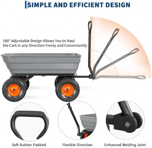 Heavy-Duty 1200 lb Poly Garden Dump Cart with 180° Adjustable Handle, Quick-Release Dump & All-Terrain Utility Wagon – Gray Bucket with Orange Rims
