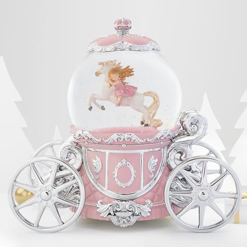 Unicorn Princess Carriage Snow Globe Music Box, 7" Pink Light Up Musical Snow Globe with La Vie en Rose Melody, Rotating Glitter Globe Decor for Girls Women, Birthday Christmas Valentine's Day Gift
