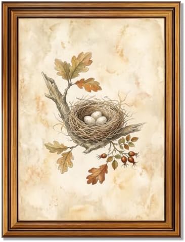 Bird Nest Halloween Wall Art, Gold Vintage Framed Rustic Nature Print