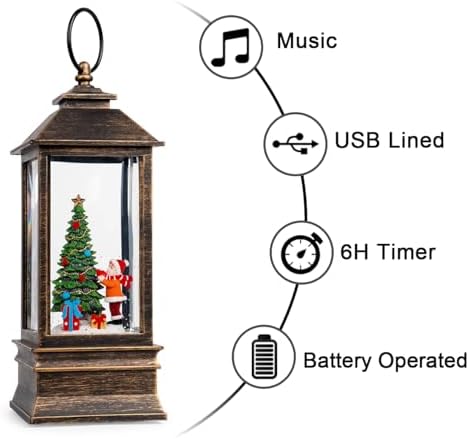10'' Snow Globe Christmas, Musical Lighted Water Lantern with Swirling Glitter Decoration for Christmas Home, Living Room, Battery Operated or USB Powered (Christmas Tree)