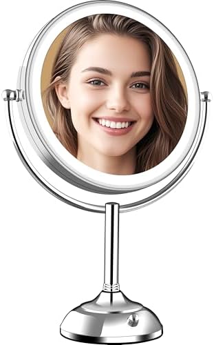 VESAUR 11.8" Extra Large 17" Tall Lighted Makeup Mirror, 1X/5X/10X 3-Sided Magnifying Mirror with 96 LEDs, 3 Color Dimmable Lights, 360° Swivel Dual Power Vanity Mirror, Silver Nickel Luxury Gift Box