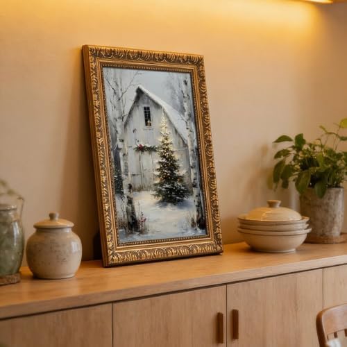 Rustic Christmas Barn Poster Winter Farmhouse Snow Landscape Wall Art