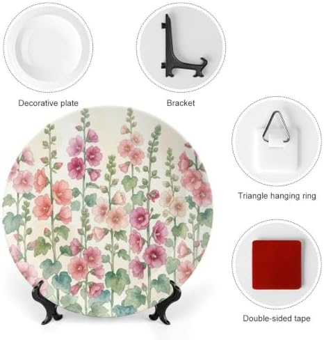 Watercolor Hollyhock Decorative Plates 10 Inch Home Decor Wall Plates with Stand & Hook Entryway Office
