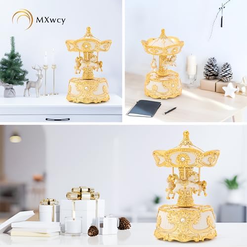 MXwcy 6.2" Horse Carousel Music Box, Vintage Rotating Merry Go Round with Wind Up Melody, Gold & Ivory Musical Carousel Decor, Elegant Tabletop Centerpiece & Keepsake Gift for Mom Women Girls
