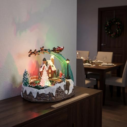 Kisangel Christmas Village House Musical Box: Rotating Xmas Tree with Glowing Lights & Water Spray, Resin Holiday Table Centerpiece Collectible for Seasonal Decor