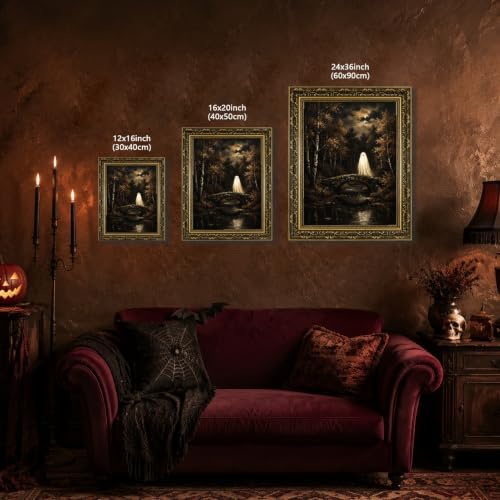 Gold Vintage Framed Ghost Bridge Wall Art, Spooky Halloween Forest Print