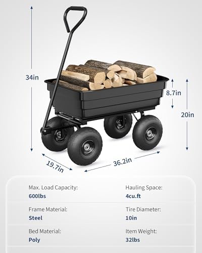 Heavy-Duty 1200 lb (125L) 10 Cu.Ft. Poly Garden Dump Cart with 180° Pivot Handle, 13" No-Flat Tires & Quick-Release Dump – All-Terrain Yard Cart in Black