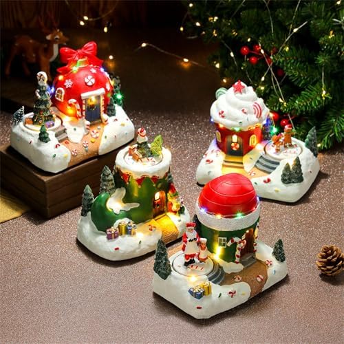 Holiday Seasonal Musical House Resin Ornament with Colorful LED Light Christmas Rotating Figurines Statue Desktop Decors LED Light Christmas Ornament