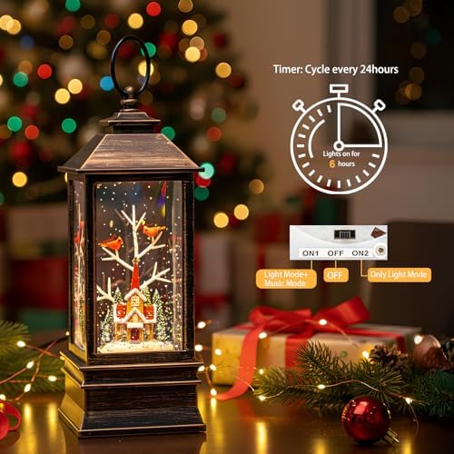 10'' Christmas Snow Globe Lantern Lighted Christmas Village Church Scene Musical Water Lantern with Swirling Glittering Home Decoration and Gift, Battery Operated or USB Powered