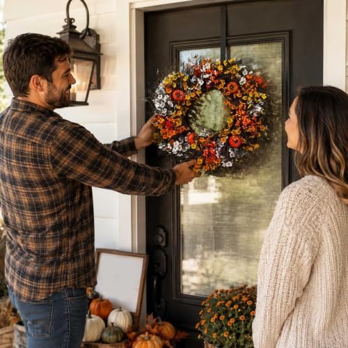 Rotating Naturals Seasonal Floral Ring for Home Entryways and Celebrations in Elegant Style (Orange, 40cm)