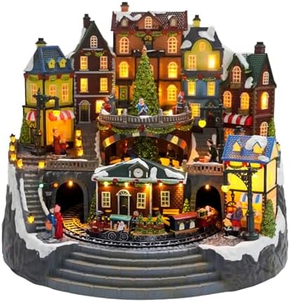 Christmas Village Houses, Rotating Train with Rotating Christmas Tree and Peoples Lighted Musical Christmas Village Collectible Building for Xmas Indoor Decorations or Holiday Table Displays