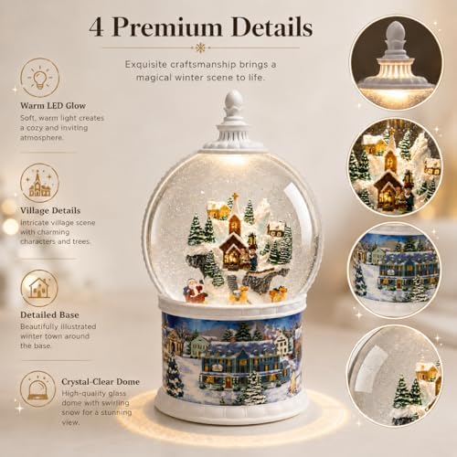 10.24" Large Christmas Snow Globe Lantern, Lighted Musical Winter Village with Swirling Glitter, Rotating Santa & Reindeer, USB/Battery Powered, 6H Timer, Christmas Tabletop Decor