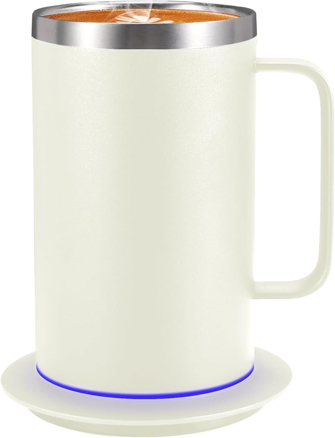 DEQIANG Self Heating Coffee Mug, Heated Coffee Mug with Smart Mug Warmer & Ergonomic Handle, Auto Heat to 131°F, USB-Powered Desk Warmer for Office Home Use, Ideal Coffee Lovers Gift (17oz White)