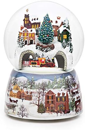 Roman - 6" H 120mm Musical Rotating Christmas Train in Village Glitterdome, Tabletop Holiday Decoration