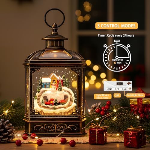 VISFLAIR Christmas Village Snow Globe Lantern Musical Lighted Mountain Village Snowman & Train Water Lantern in Swirling Glitter, Christmas Home Decoration and Gift, Battery Operated or USB Powered