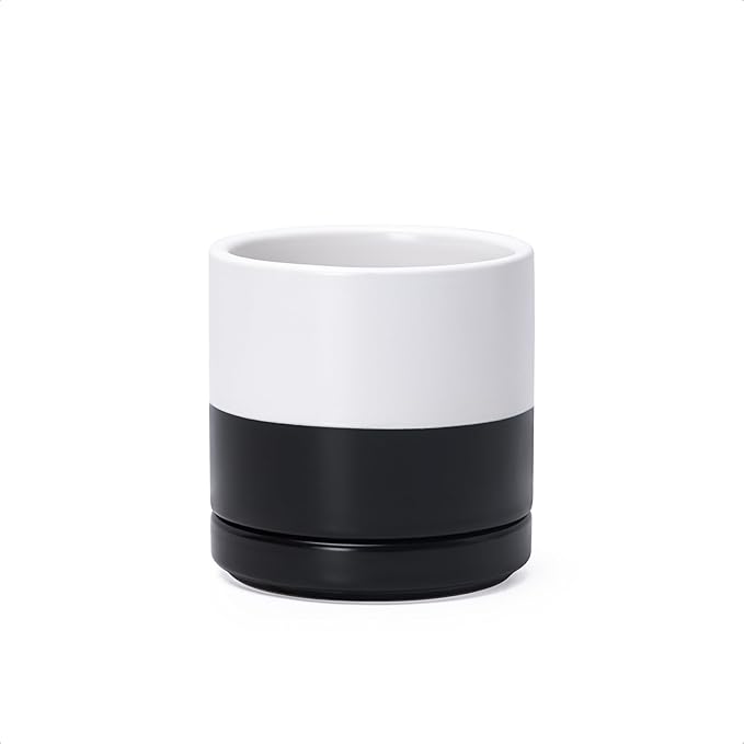 D'vine Dev 3.5 Inch Ceramic Planter Pot, Black White Two Tone, 94-O-A-L | Modern Cylinder Design, Drainage Hole & Saucer Included, Stable Structure, Elegant Home Accent