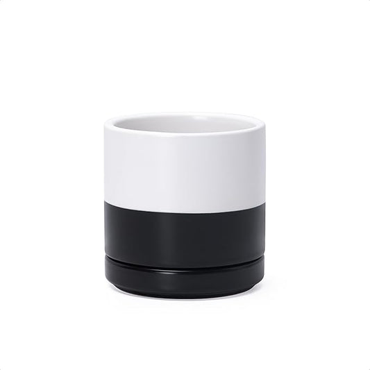 D'vine Dev 3.5 Inch Ceramic Planter Pot, Black White Two Tone, 94-O-A-L | Modern Cylinder Design, Drainage Hole & Saucer Included, Stable Structure, Elegant Home Accent