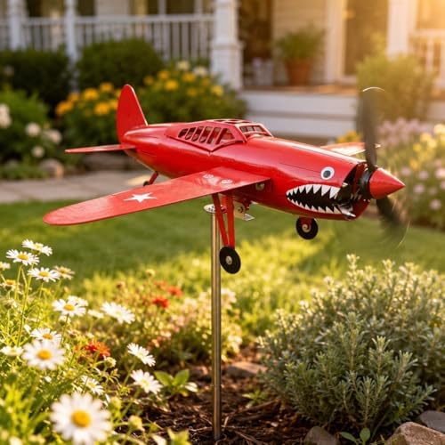 Metal Airplane Wind Spinner for Yard, 3D Shark-Mouth Plane Garden Stake Decor, 360° Rotating Outdoor Lawn Ornament for Patio Flower Bed, 1 Pack(Red)