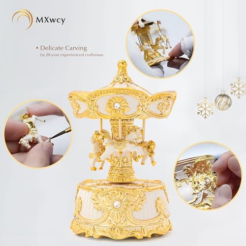 MXwcy 6.2" Horse Carousel Music Box, Vintage Rotating Merry Go Round with Wind Up Melody, Gold & Ivory Musical Carousel Decor, Elegant Tabletop Centerpiece & Keepsake Gift for Mom Women Girls