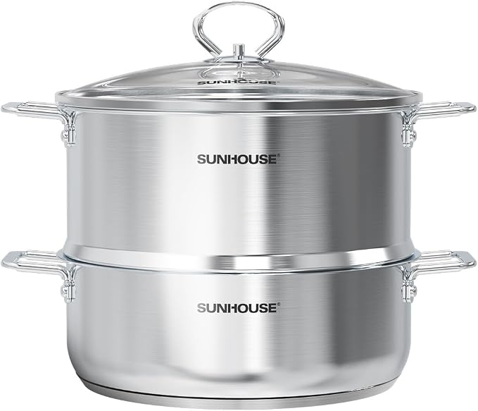 SUNHOUSE 9.3 QT Stainless Steel Steamer Pot for Cooking with Glass Lid | 5.5 QT Steamer Basket & 3.8 QT Stockpot - 2-Tier Large Vegetable Steamer Food with Stay-Cool Handles - Tri-ply Induction Base