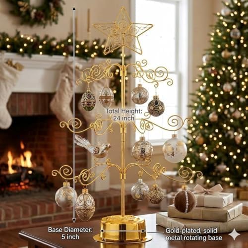 HOHIYA 24" Rotating Ornament Display Tree 36-Hook Metal Gold Stand