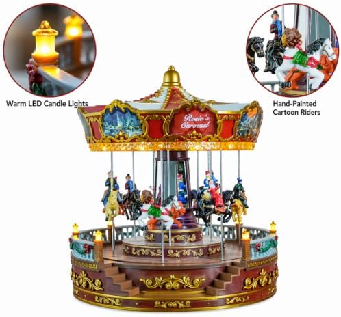 Christmas Carousel Decoration, 14inch Large Size, Carousel Go Round with Music and Lights, Realistic Scene, Add Christmas Atmosphere, Perfect （red）