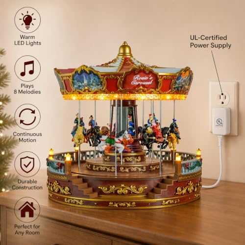 Christmas Carousel Decoration, 14inch Large Size, Carousel Go Round with Music and Lights, Realistic Scene, Add Christmas Atmosphere, Perfect （red）