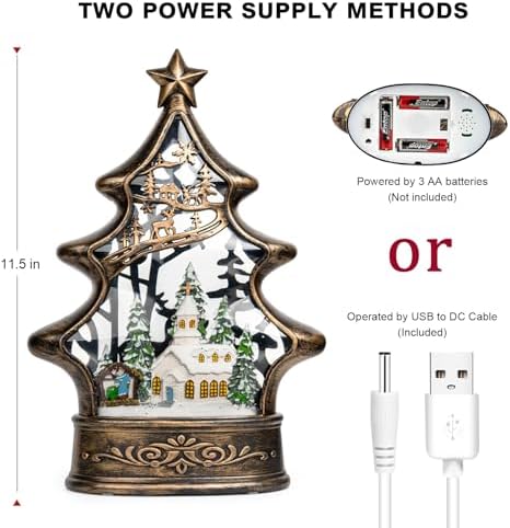 Musical Snow Globe Christmas Tree Lantern Lighted Church with Nativity Manger Scene Water Lantern in Swirling Glitter, Christmas Home Decoration and Gift, Battery Operated or USB Powered