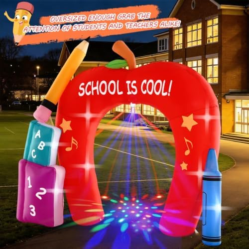 10FT Back to School Inflatable Arch Outdoor Decoration with Color Rotating Lights, Waterproof Blow Up Apple Yard Lawn Patio First Day of School Party Decorations for Kindergarten Elementary School
