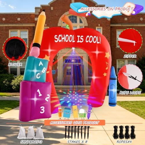 10FT Back to School Inflatable Arch Outdoor Decoration with Color Rotating Lights, Waterproof Blow Up Apple Yard Lawn Patio First Day of School Party Decorations for Kindergarten Elementary School