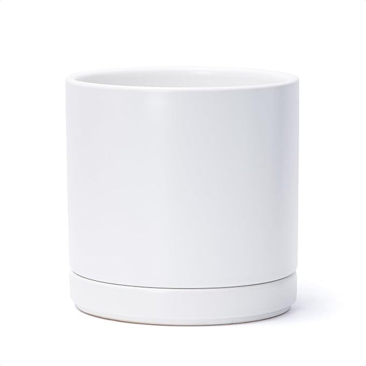 D'vine Dev 8.2 Inch Ceramic Planter Pot, White, 94-O-D-1 | Modern Cylinder Design, Drainage Hole & Saucer Included, Stable Structure, Elegant Home Accent