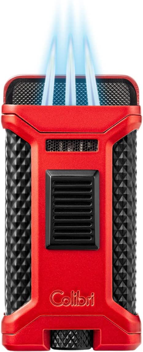 Colibri Ascari Triple Jet Torch Lighter, Windproof & Uses Butane Refill, Cigar Enthusiast's Choice with Integrated Punch, Blue Fuel Window, and Adjustable Flame (Metallic Red + Black)