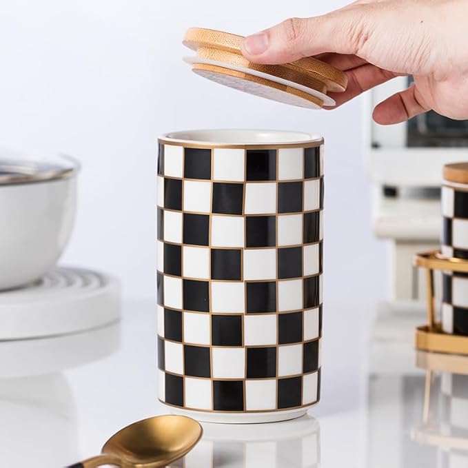 Kitchen Countertop Ceramic Canisters Set, 3Pcs Grid Pattern Kitchen Jars with Layered Shelves, Sealed Countertop Flour and Sugar Containers, Coffee and Tea Storage